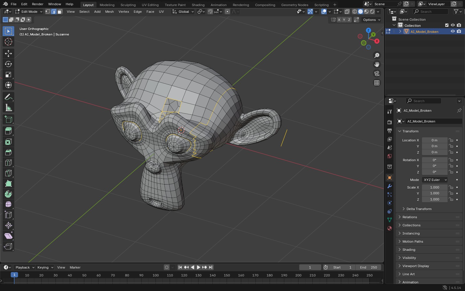 A broken test mesh in Blender Edit Mode with non-manifold edges highlighted around a hole in the forehead, along a strip of flipped faces and on a stray loose edge