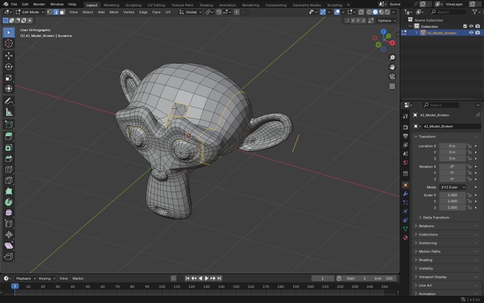 A broken test mesh in Blender Edit Mode with non-manifold edges highlighted around a hole in the forehead, along a strip of flipped faces and on a stray loose edge