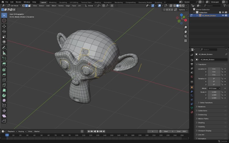 A broken test mesh in Blender Edit Mode with non-manifold edges highlighted around a hole in the forehead, along a strip of flipped faces and on a stray loose edge