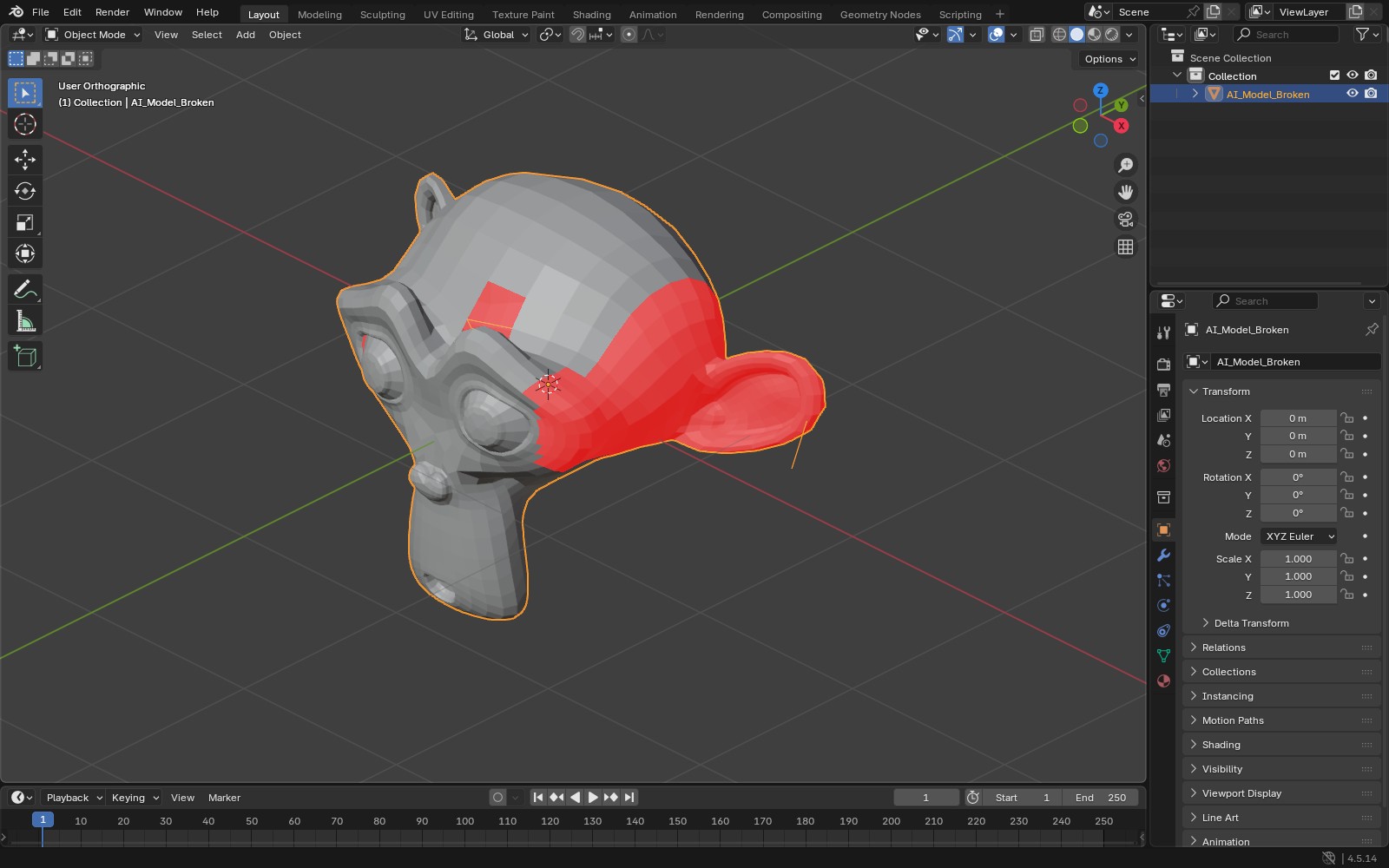 Blender viewport with the Face Orientation overlay on, showing red flipped faces on one side of a test head and red visible through a hole in the forehead