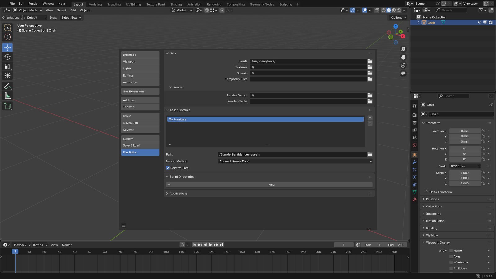 Blender Preferences open on File Paths, with an asset library called My Furniture pointing at a blender-assets folder