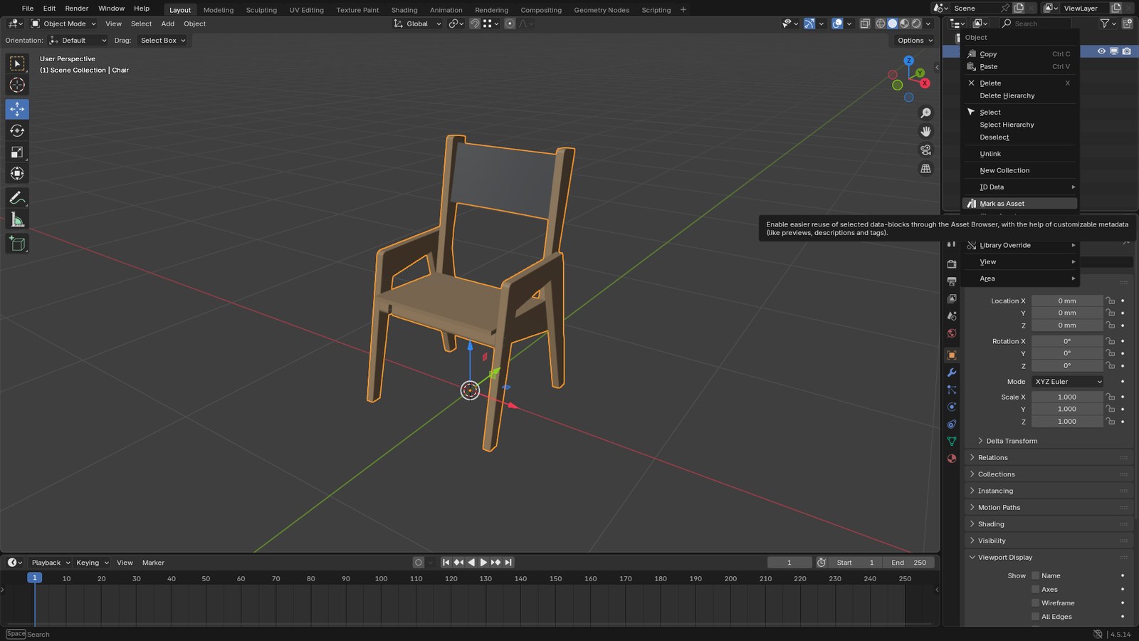 Right-click menu in the Blender Outliner with Mark as Asset highlighted for the chair object