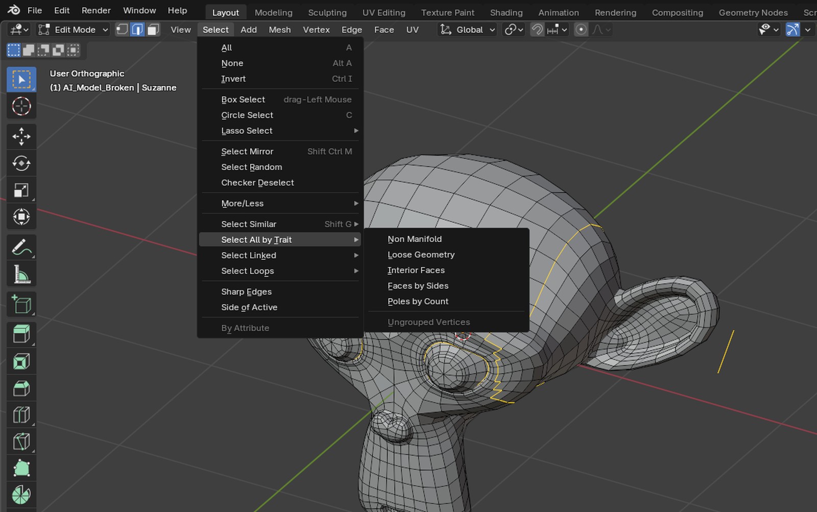 Blender Edit Mode Select menu open with Select All by Trait expanded, showing Non Manifold, Loose Geometry and Interior Faces