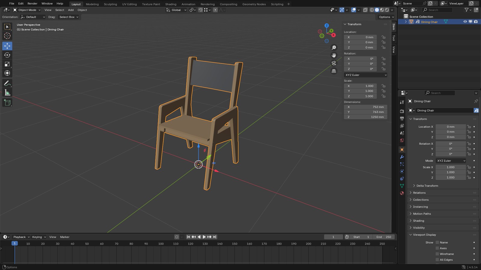Blender N sidebar showing the chair's dimensions and a scale of 1.000, with the chair renamed Dining Chair and an asset icon in the Outliner