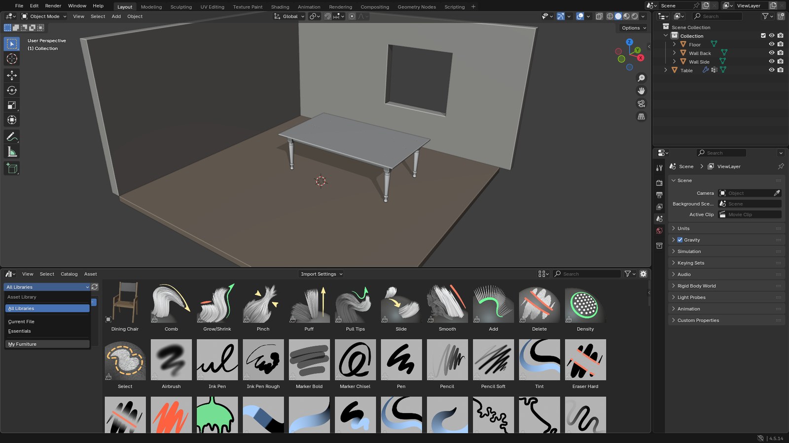 Blender Asset Browser with the library dropdown open, listing All Libraries, Current File, Essentials and My Furniture