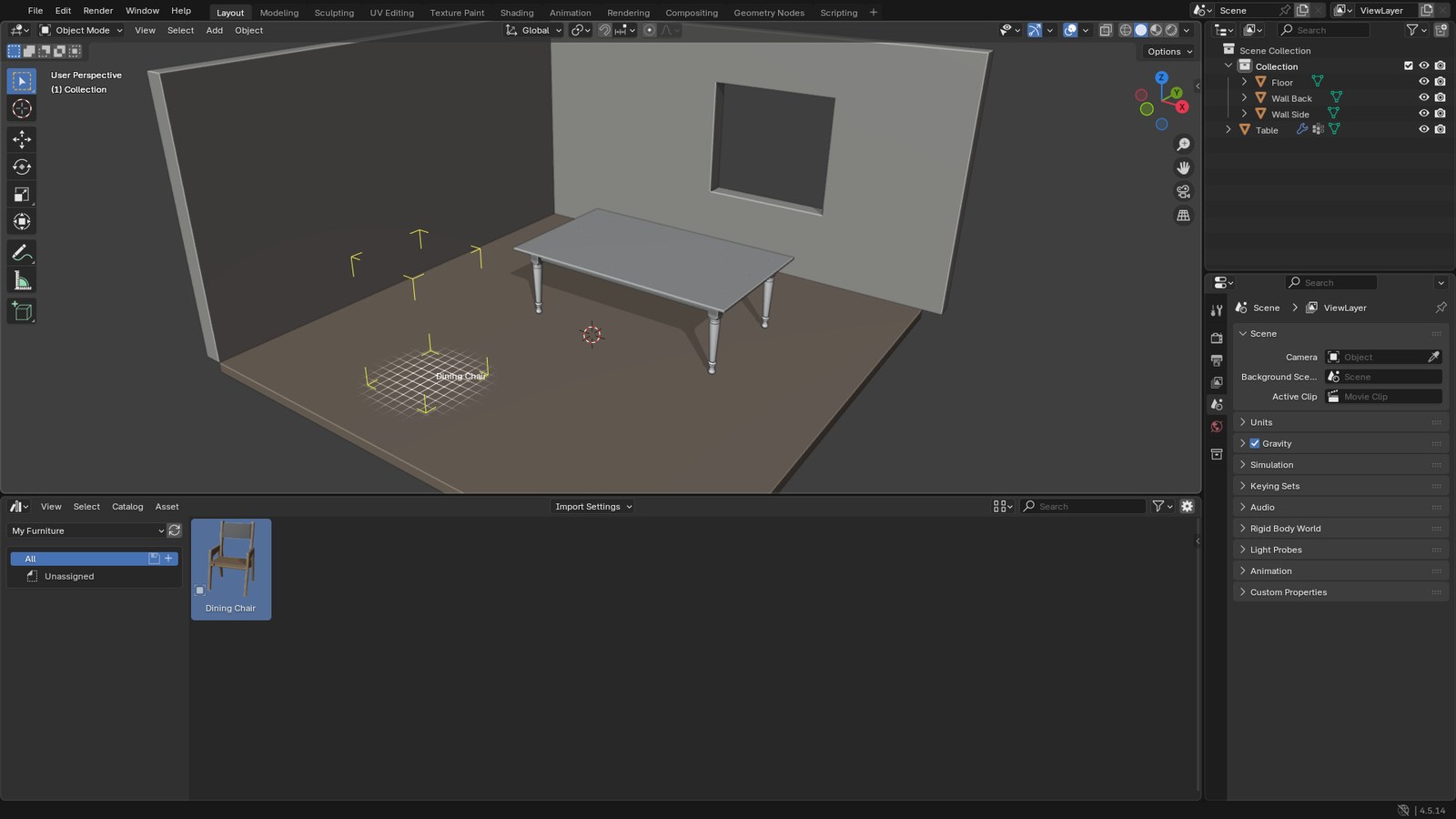 The Dining Chair asset being dragged from the Asset Browser into a simple room, with a placement outline on the floor
