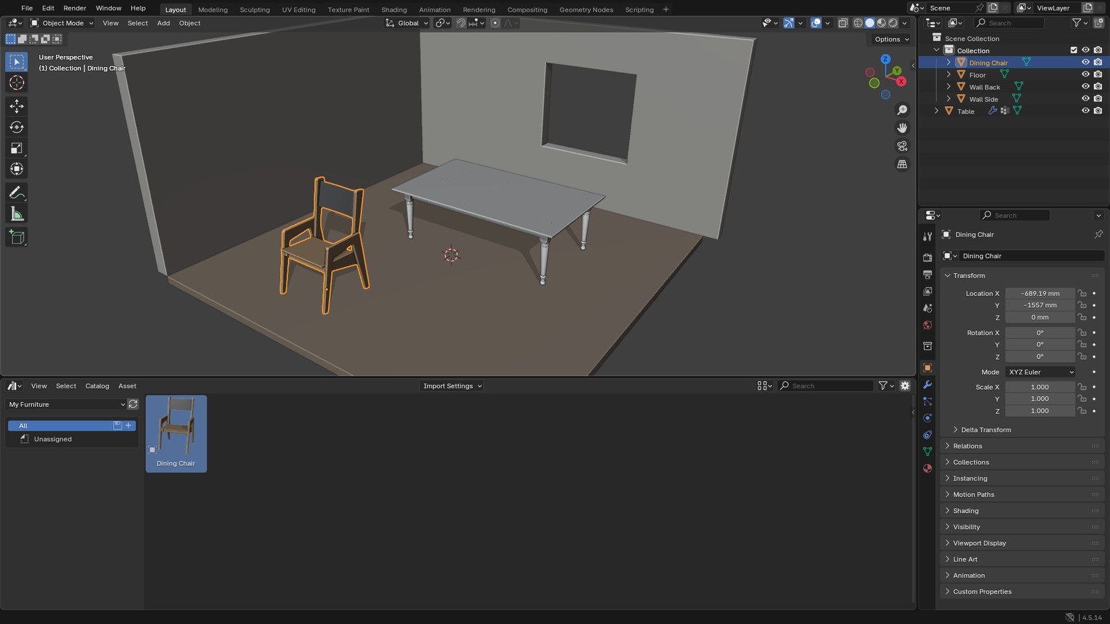 The Dining Chair placed on the floor of a simple room next to a table, with the Asset Browser below showing the My Furniture library