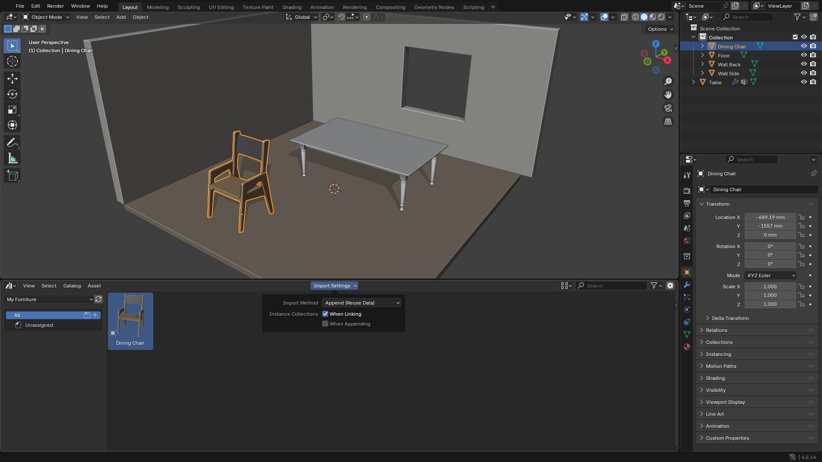 Blender Asset Browser Import Settings popover with Import Method set to Append (Reuse Data)
