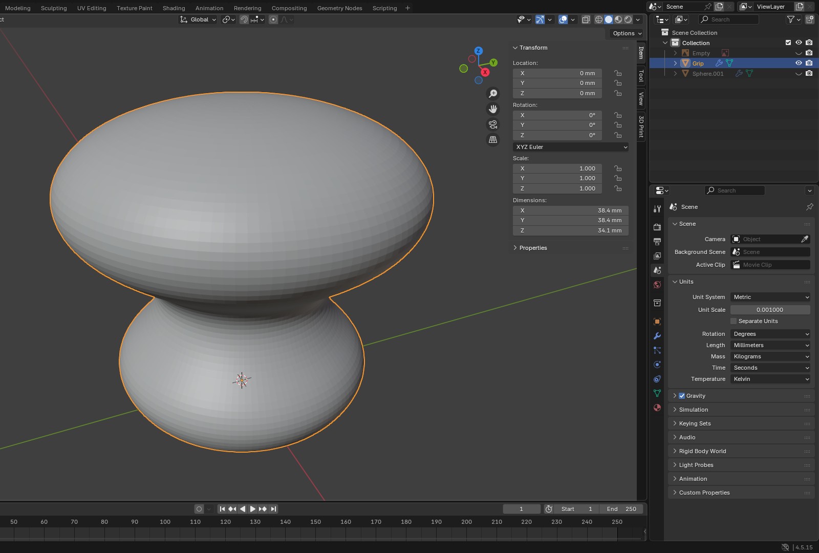 Blender 4.5 Scene Properties Units panel set to Unit System Metric, Unit Scale 0.001, Length Millimeters, with the Grip selected