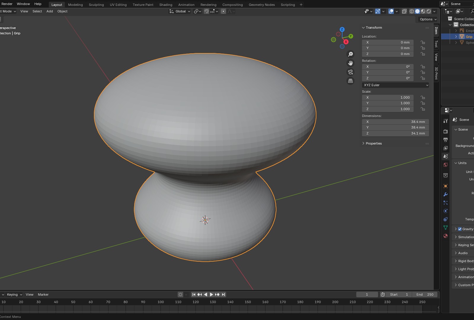 Blender N panel Item tab for the Grip showing Scale 1.000 on X, Y and Z and Dimensions 38.4 x 38.4 x 34.1 mm
