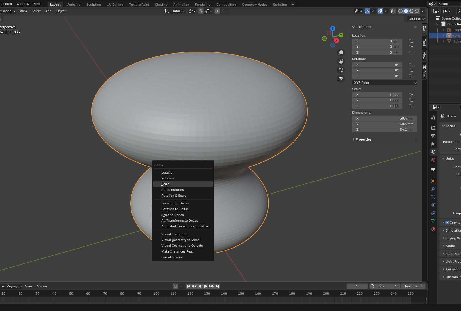 Blender Apply menu opened with Ctrl+A in Object Mode with Scale highlighted