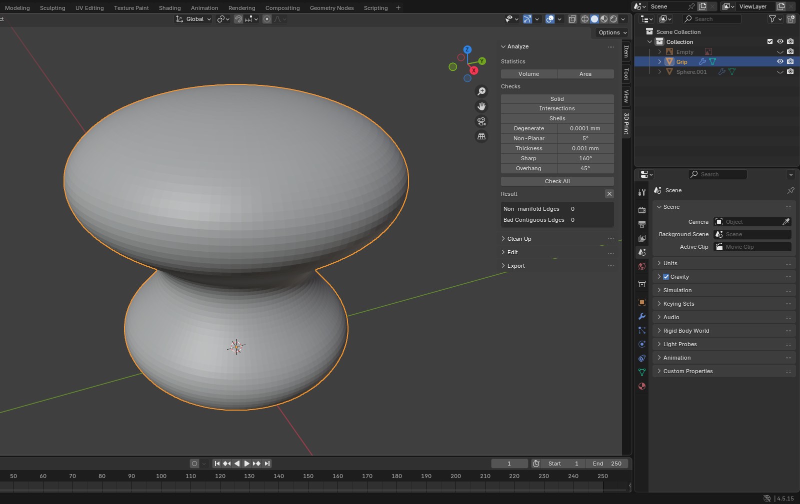 3D Print tab in the Blender sidebar showing the Checks section and a Solid result of 0 non-manifold edges and 0 bad contiguous edges