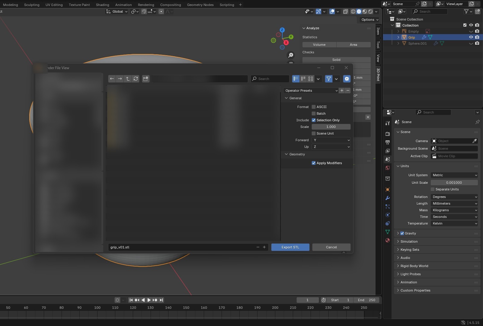Blender STL export dialog with Selection Only ticked, Scale 1.000, Scene Unit unticked, Forward Y, Up Z and Apply Modifiers ticked