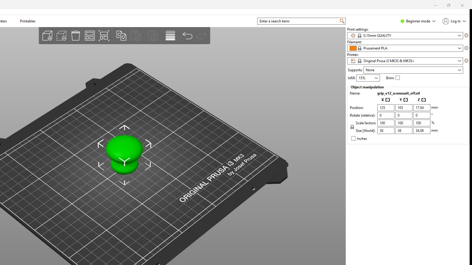 The Grip STL exported from Blender open in PrusaSlicer 2.9.1, with Size reading 38 x 38 x 34.08 mm