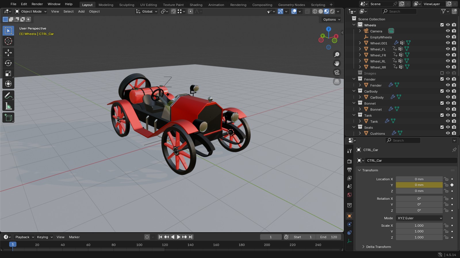 Vintage red car model in Blender 4.5 Material Preview on a grey floor, with an Arrows empty above it as the car control