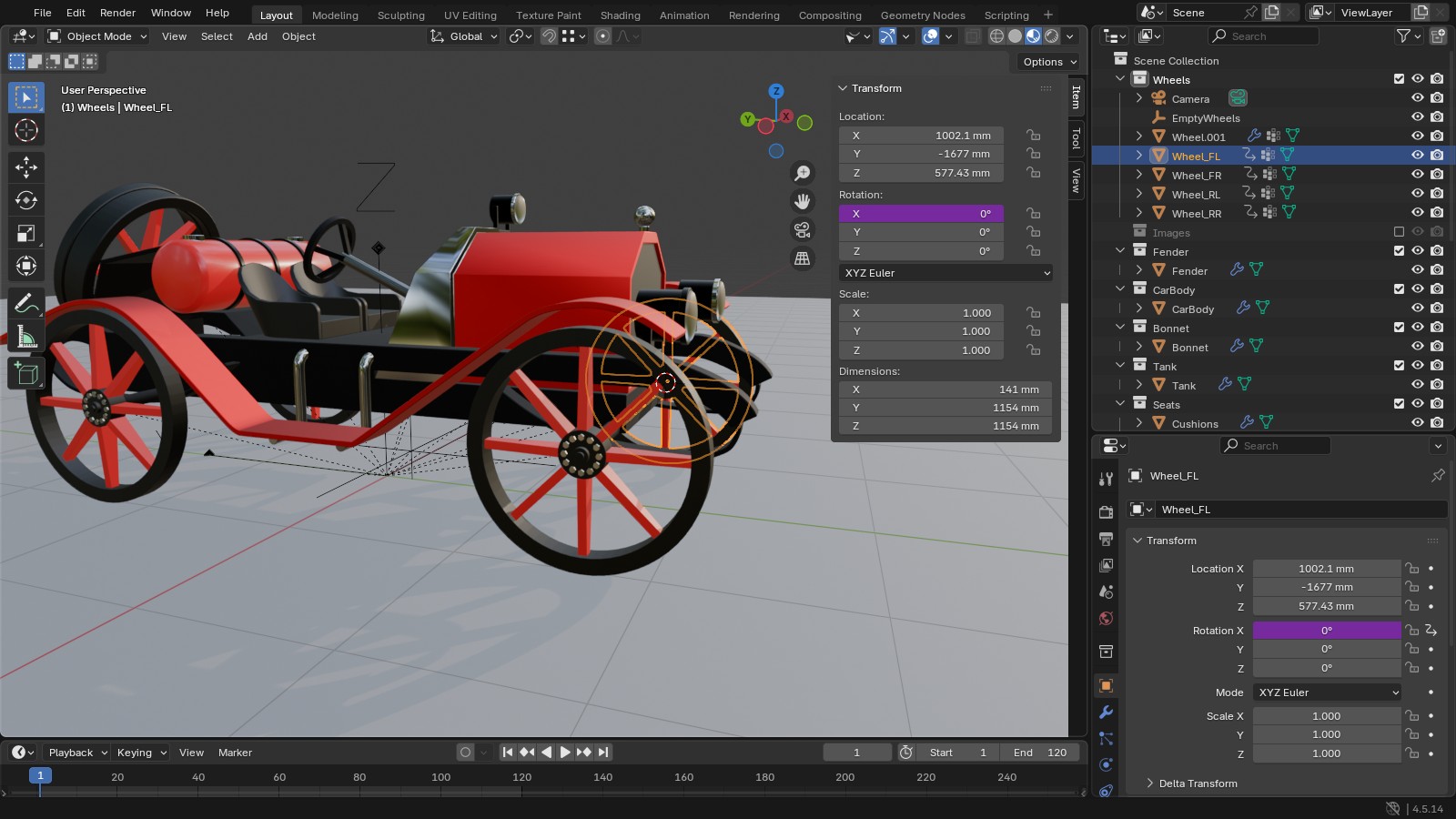 Blender Sidebar Item tab for Wheel_FL showing Location, a purple driven Rotation X field, and Dimensions 141 by 1154 by 1154 mm