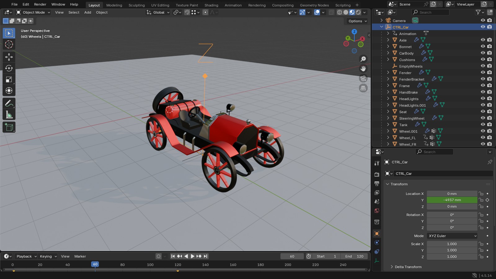 The vintage car in Blender at frame 60, moved forward along the Y axis with its spoked wheels rotated, and CTRL_Car Y Location at -4937 mm