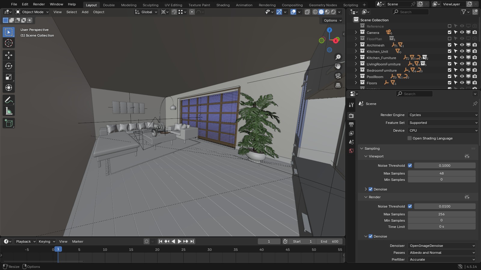 Blender 4.5 Render properties with Render Engine set to Cycles, and the living room in Solid view