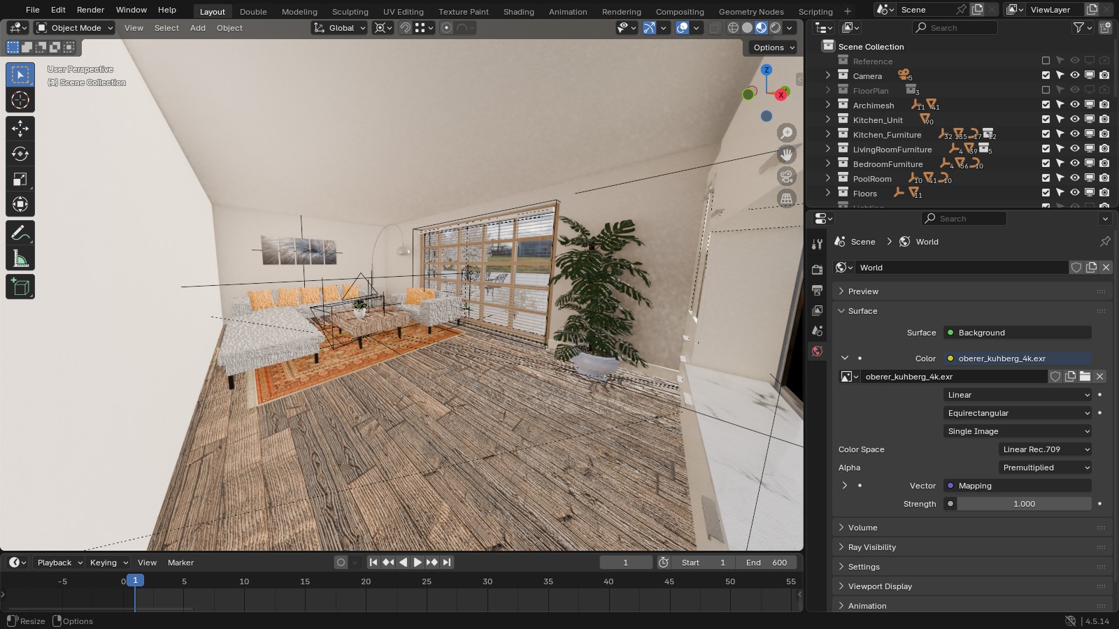 World properties in Blender 4.5 showing Background with an Environment Texture using oberer_kuhberg_4k.exr, viewport in Material Preview