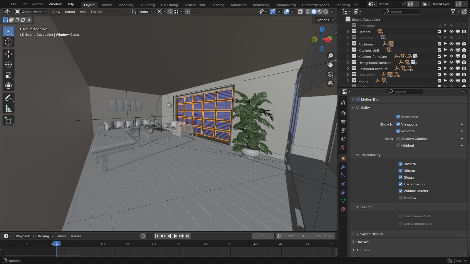 Window glass selected in Blender with Object properties open at Visibility, Ray Visibility, with Shadow unticked