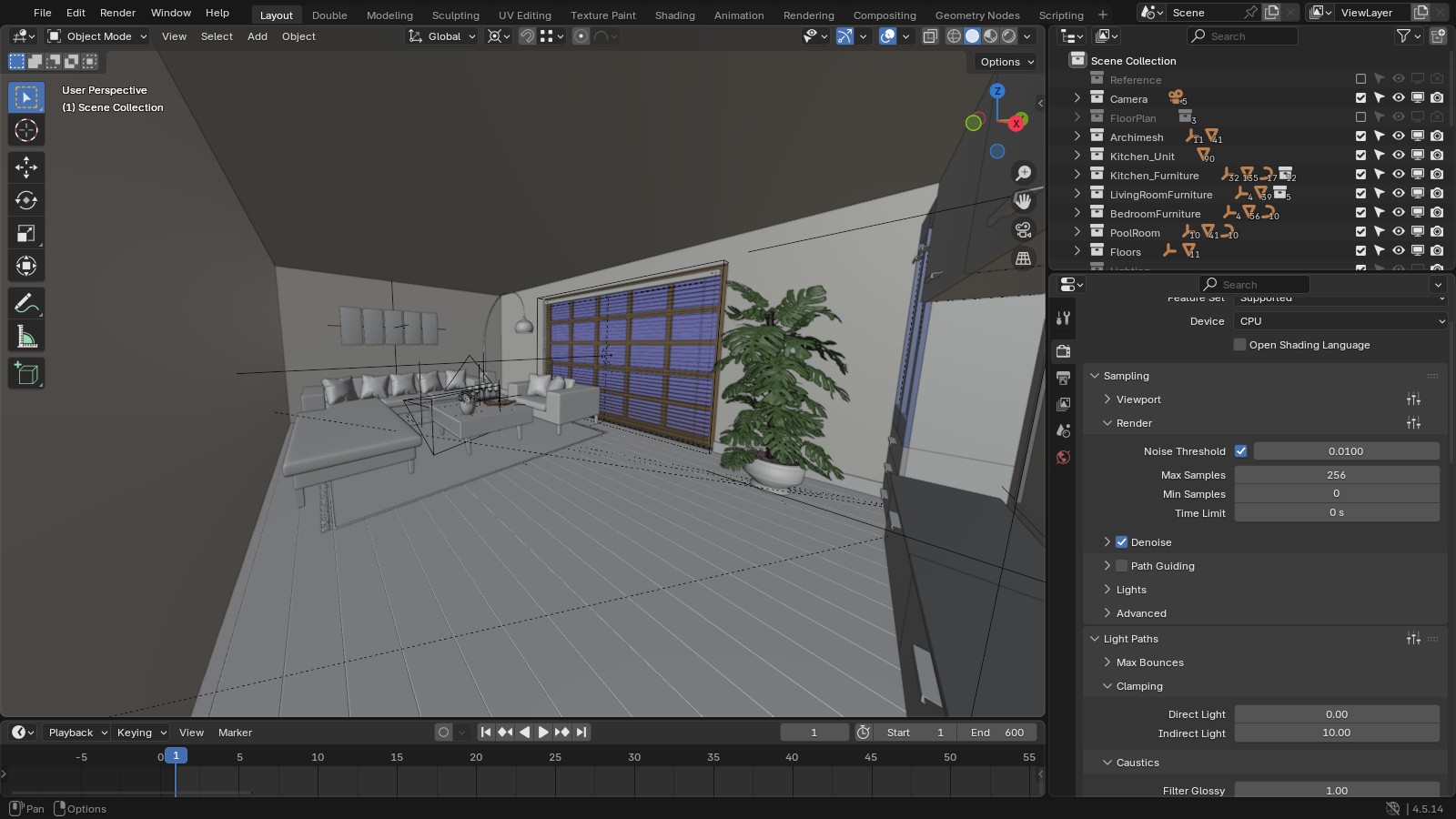 Blender Render properties showing Max Samples 256 with Denoise on, and Light Paths Clamping with Indirect Light at 10