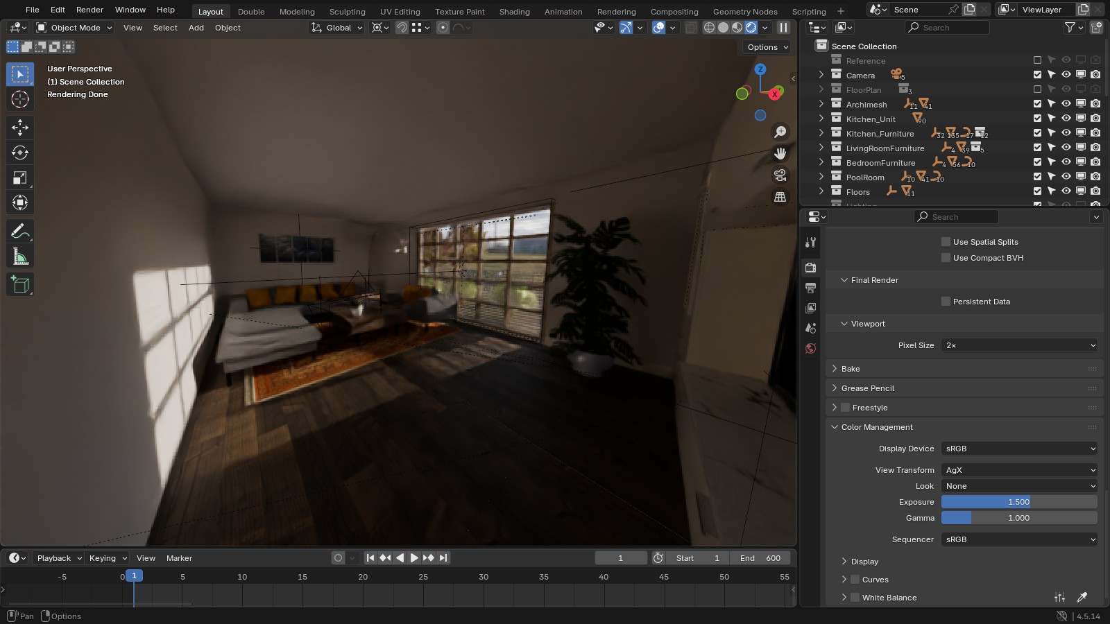 Blender viewport in Rendered shading showing sunlight through the window, with Color Management set to AgX and Exposure 1.5