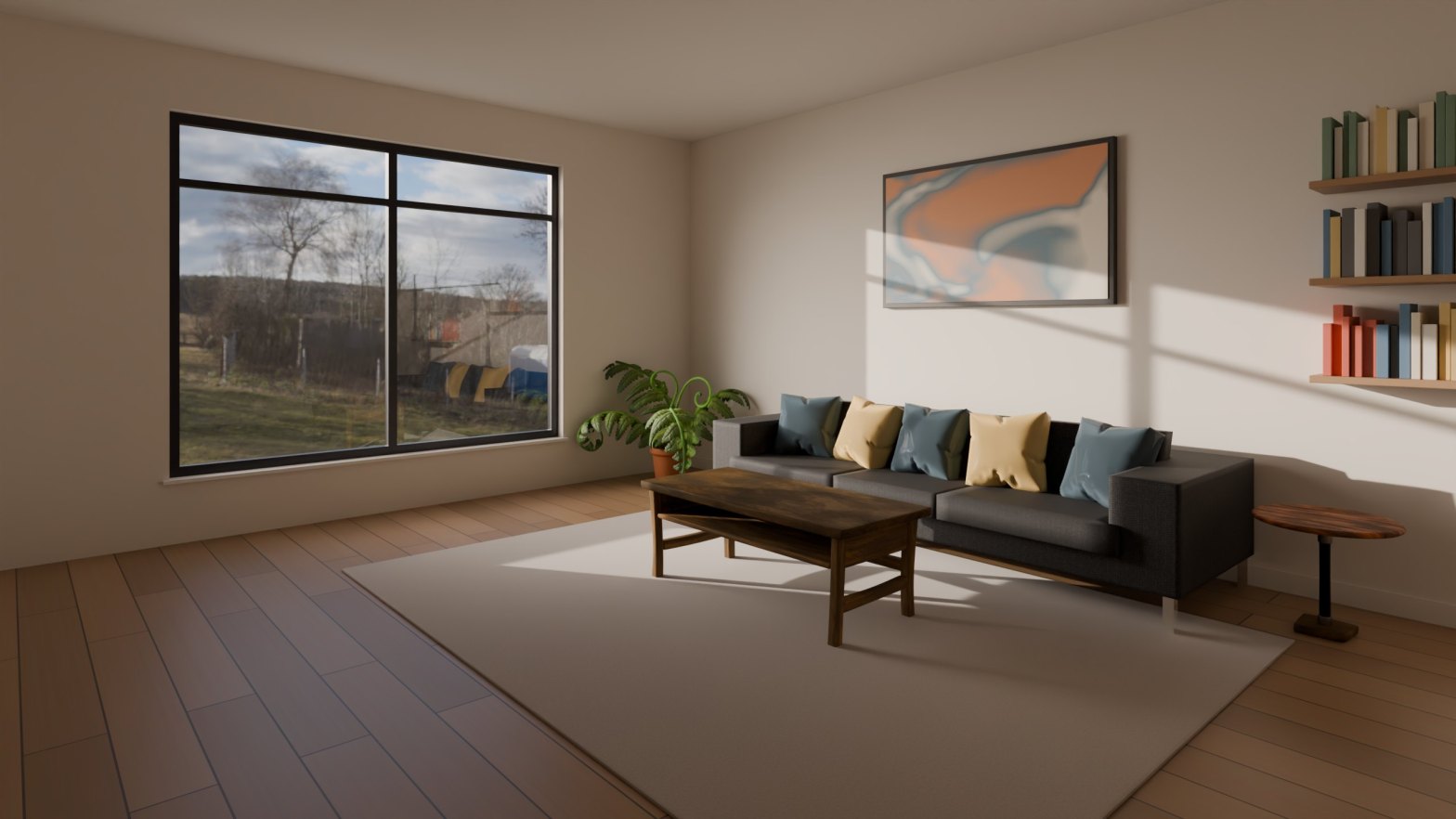 Cycles render of a different living room, lit only by an HDRI through one large window, with sunlight falling across the rug, the sofa and the right-hand wall