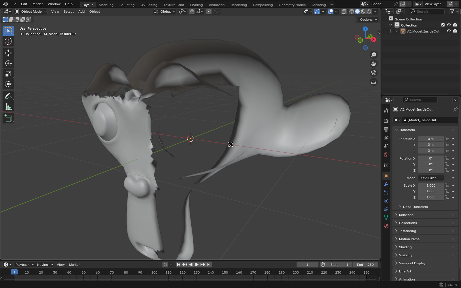 The same test head with Backface Culling on in Blender 4.5 Solid shading, with the flipped faces gone so the inside of the head shows through