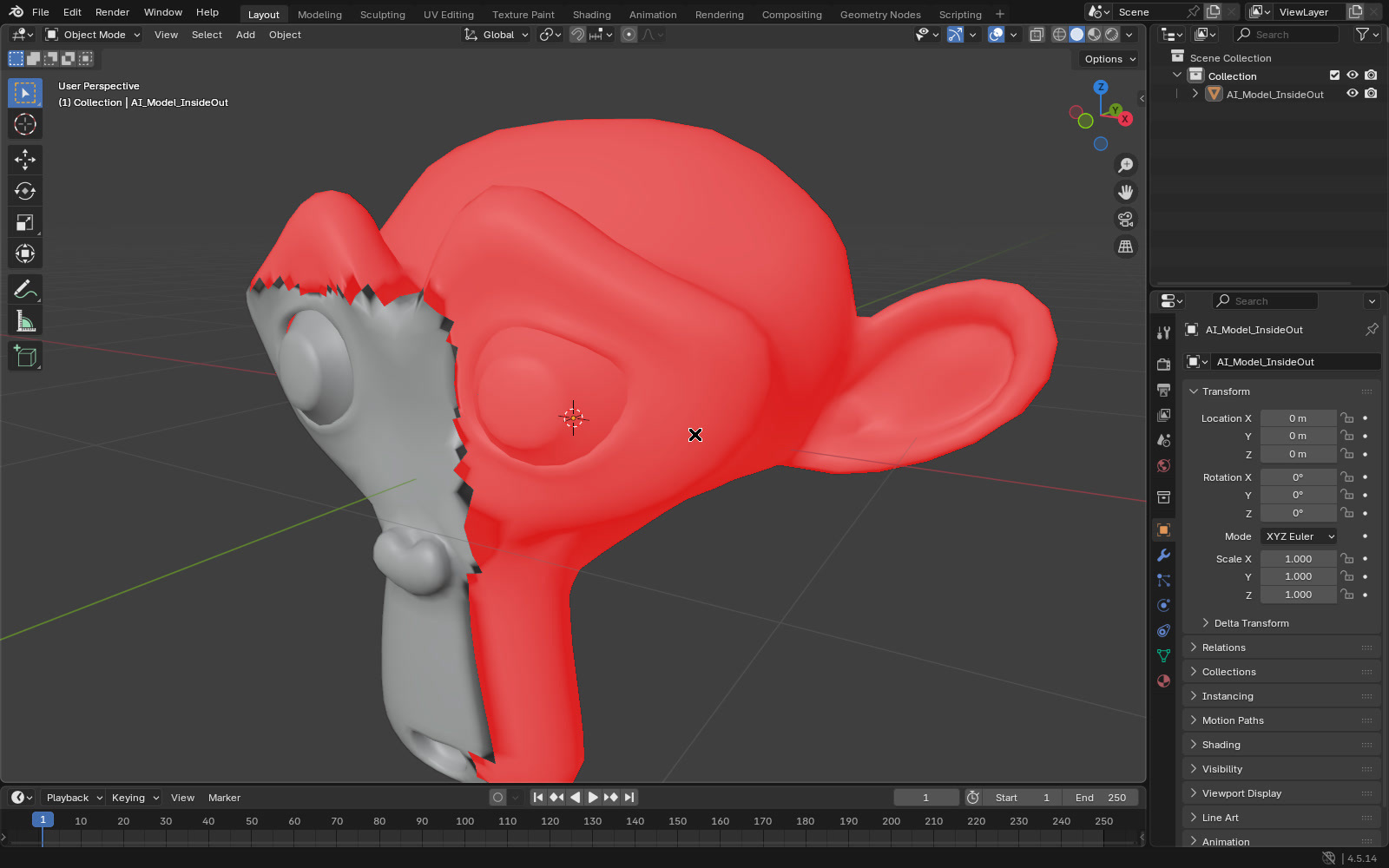 Blender 4.5 viewport with the Face Orientation overlay on, showing a test head where most of the surface is red flipped faces and one side is uncoloured