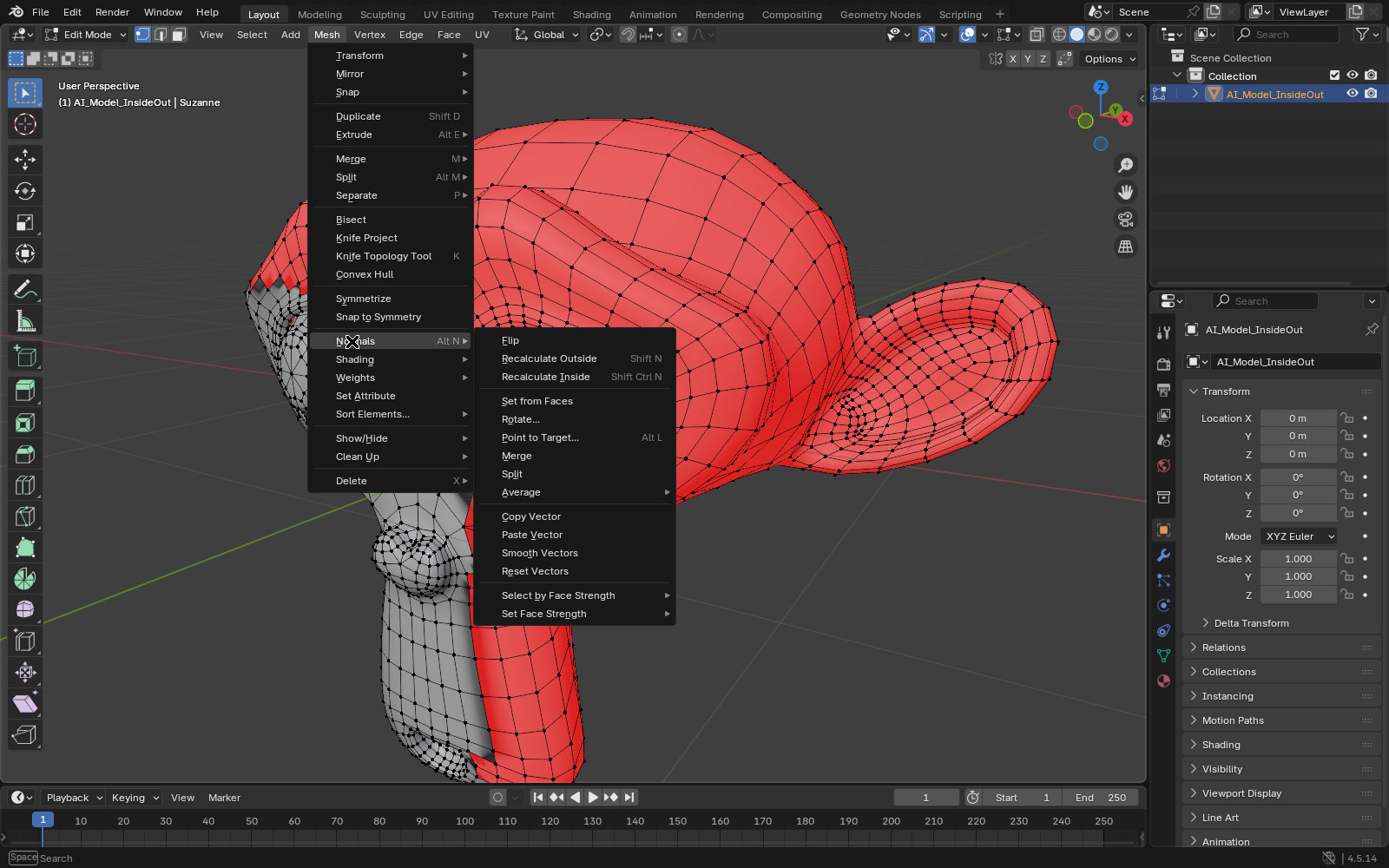 Blender 4.5 Edit Mode with the Mesh menu open and the Normals submenu showing Flip, Recalculate Outside with Shift N and Recalculate Inside with Shift Ctrl N