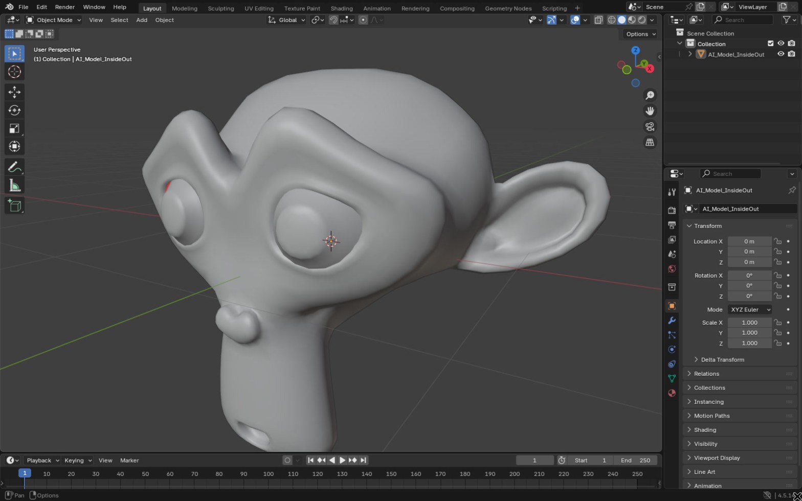 Blender 4.5 viewport showing the test head in solid shading after Recalculate Outside