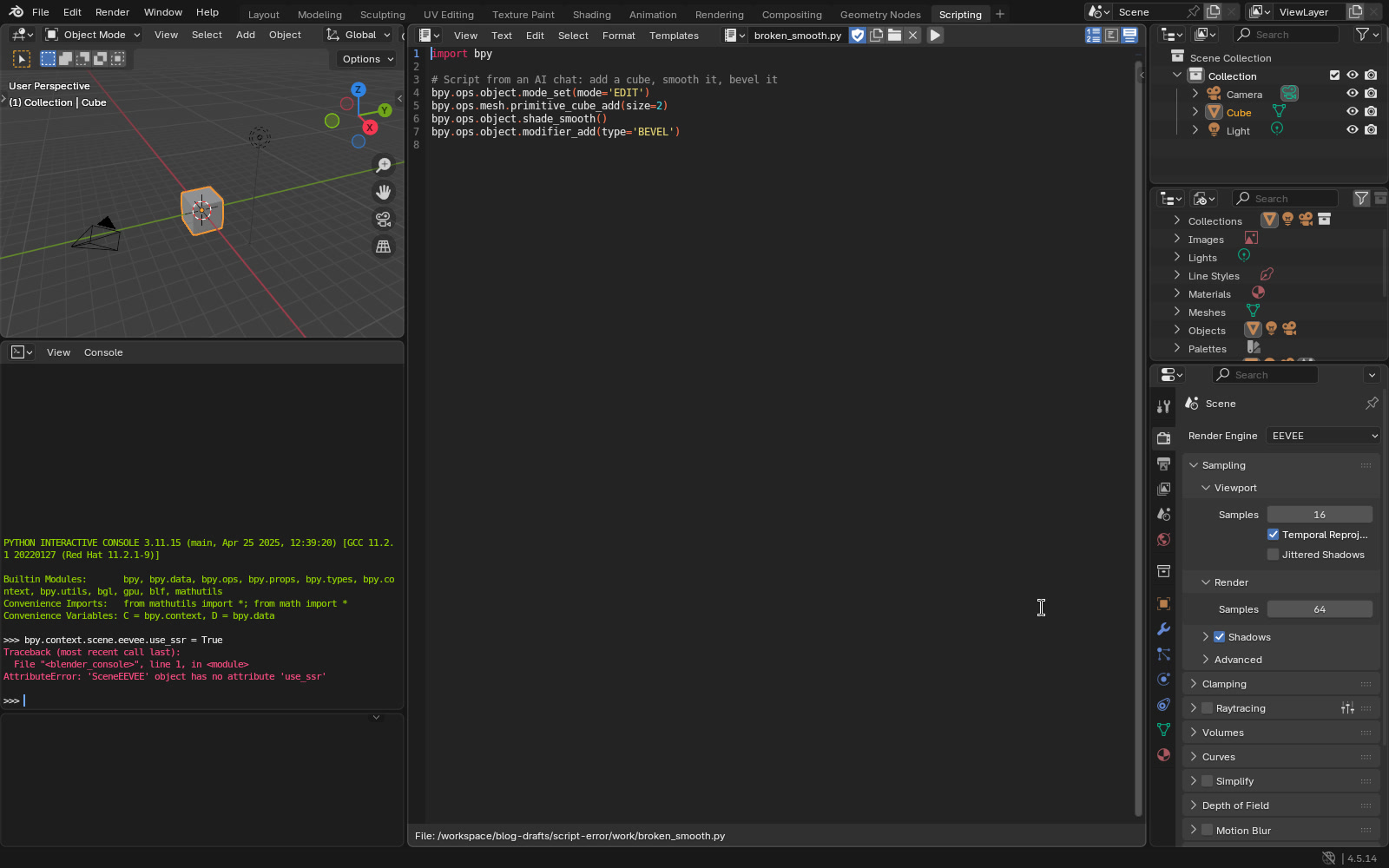 Blender 4.5 Python Console showing the line bpy.context.scene.eevee.use_ssr = True followed by an AttributeError saying SceneEEVEE object has no attribute use_ssr