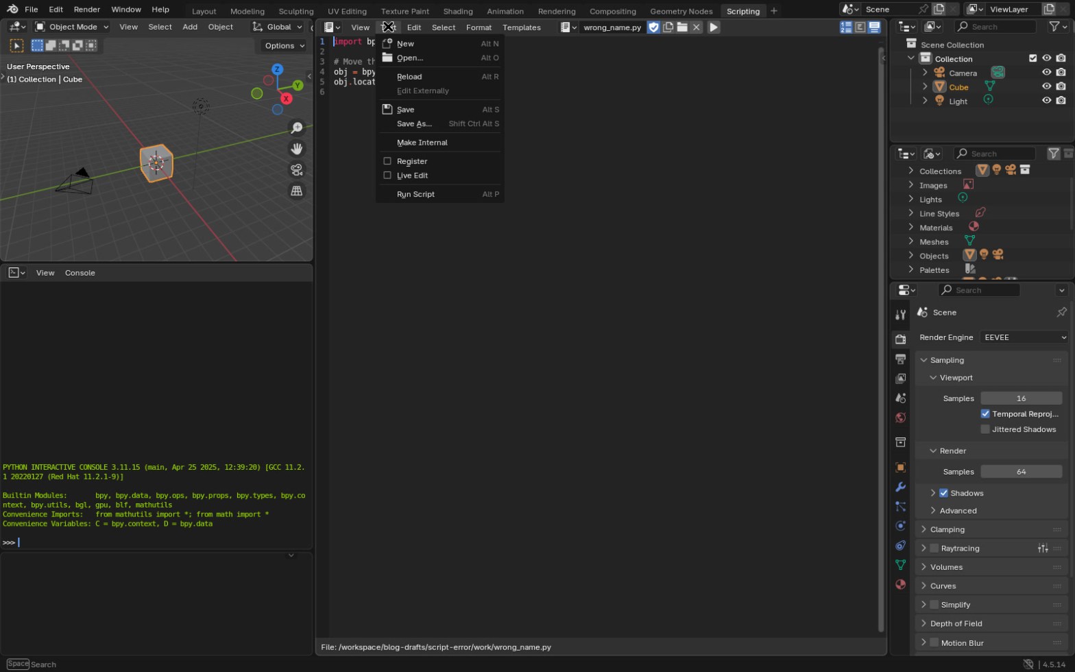Blender 4.5 Text Editor with the Text menu open showing Run Script and its Alt P shortcut