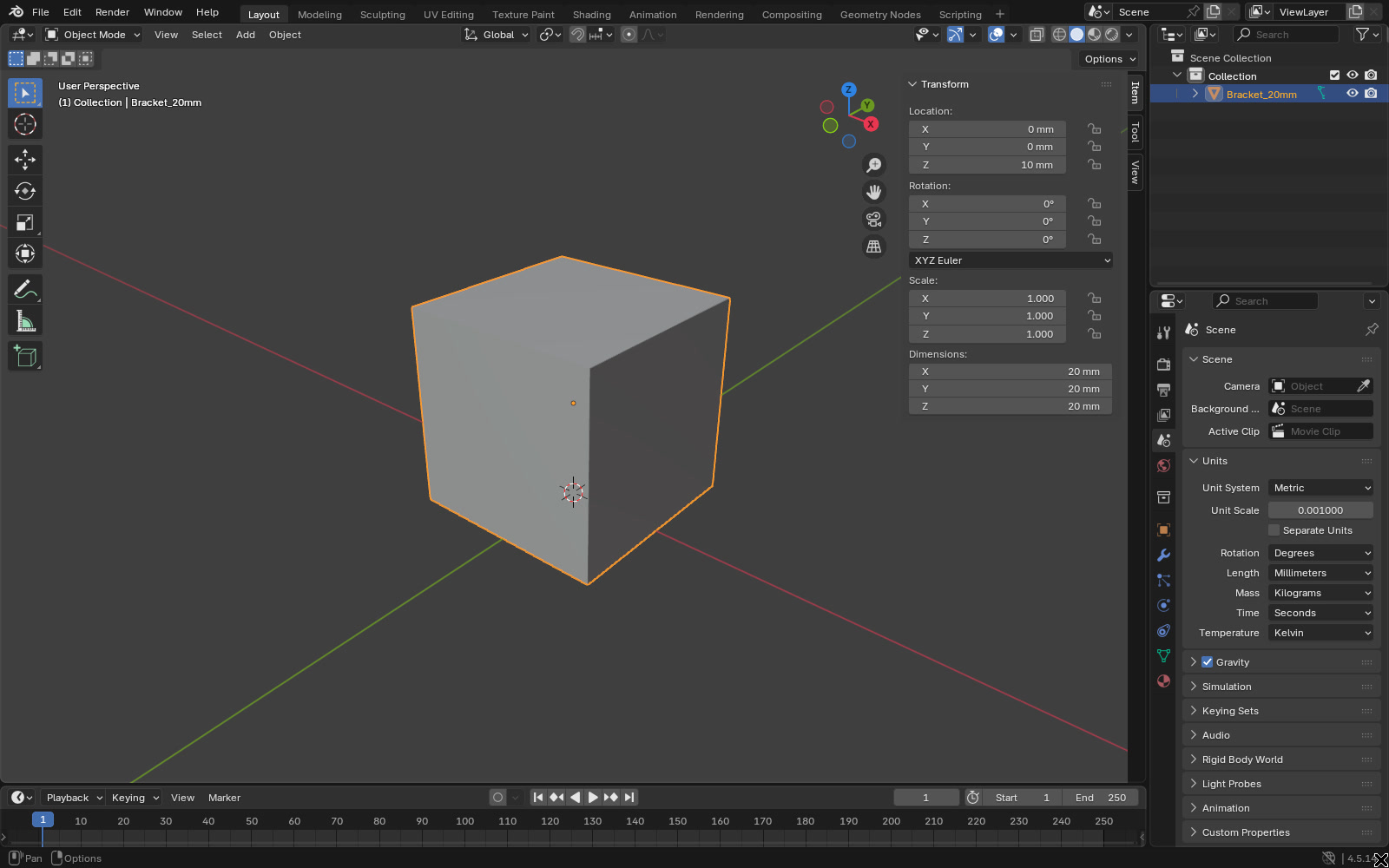 Blender 4.5 Scene properties with the Units panel open showing Unit System Metric, Unit Scale 0.001 and Length Millimeters, next to a cube whose dimensions read 20 mm in the sidebar