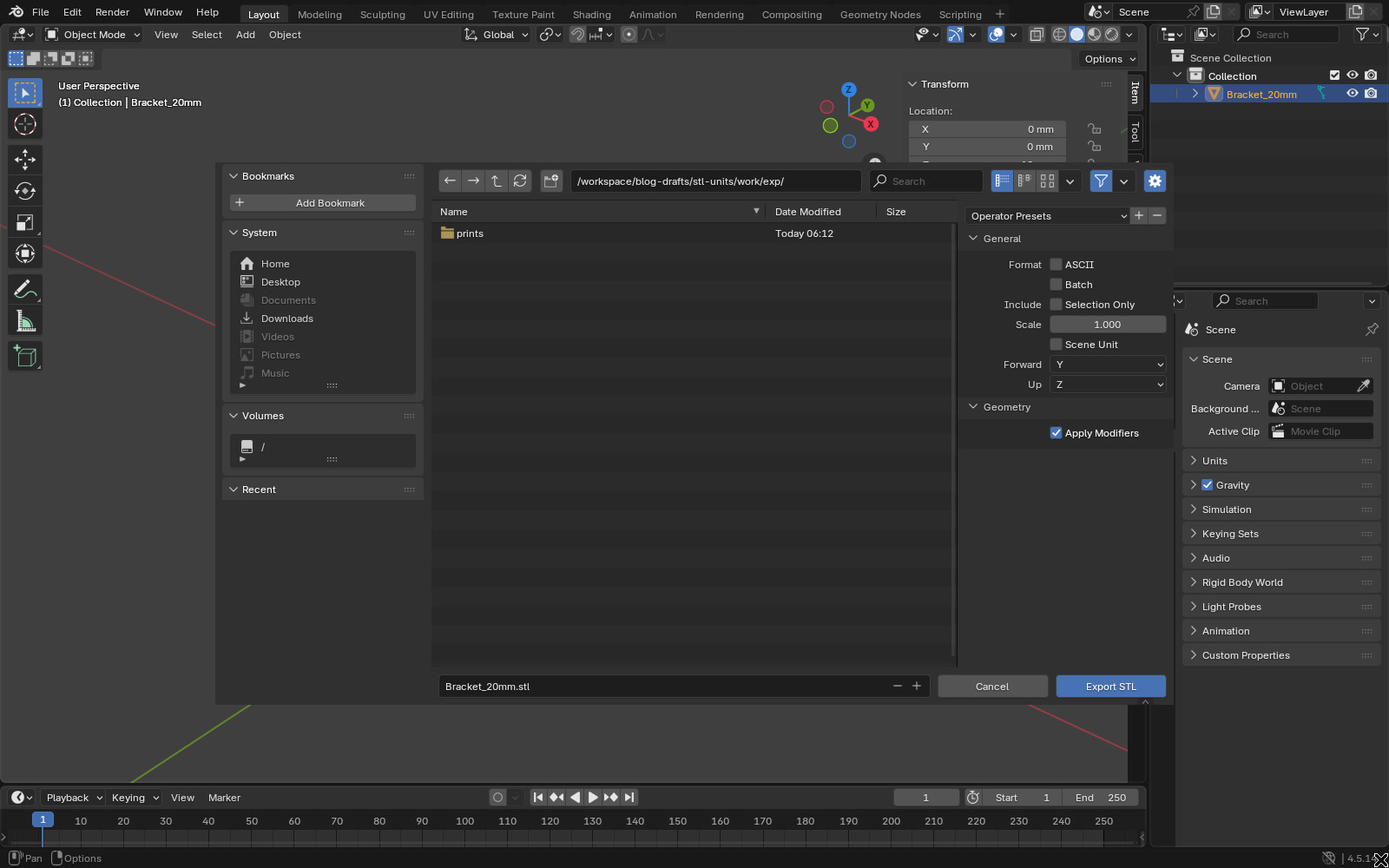 Blender 4.5 STL export file browser with the options panel showing ASCII, Batch, Selection Only, Scale 1.000, Scene Unit unticked, Forward Y, Up Z and Apply Modifiers ticked