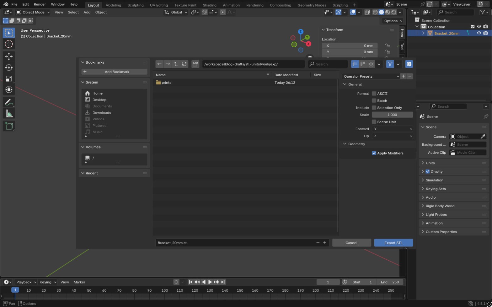 Blender 4.5 STL export file browser with the options panel showing ASCII, Batch, Selection Only, Scale 1.000, Scene Unit unticked, Forward Y, Up Z and Apply Modifiers ticked