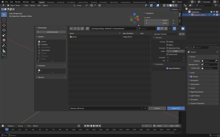 Blender 4.5 STL export file browser with the options panel showing ASCII, Batch, Selection Only, Scale 1.000, Scene Unit unticked, Forward Y, Up Z and Apply Modifiers ticked