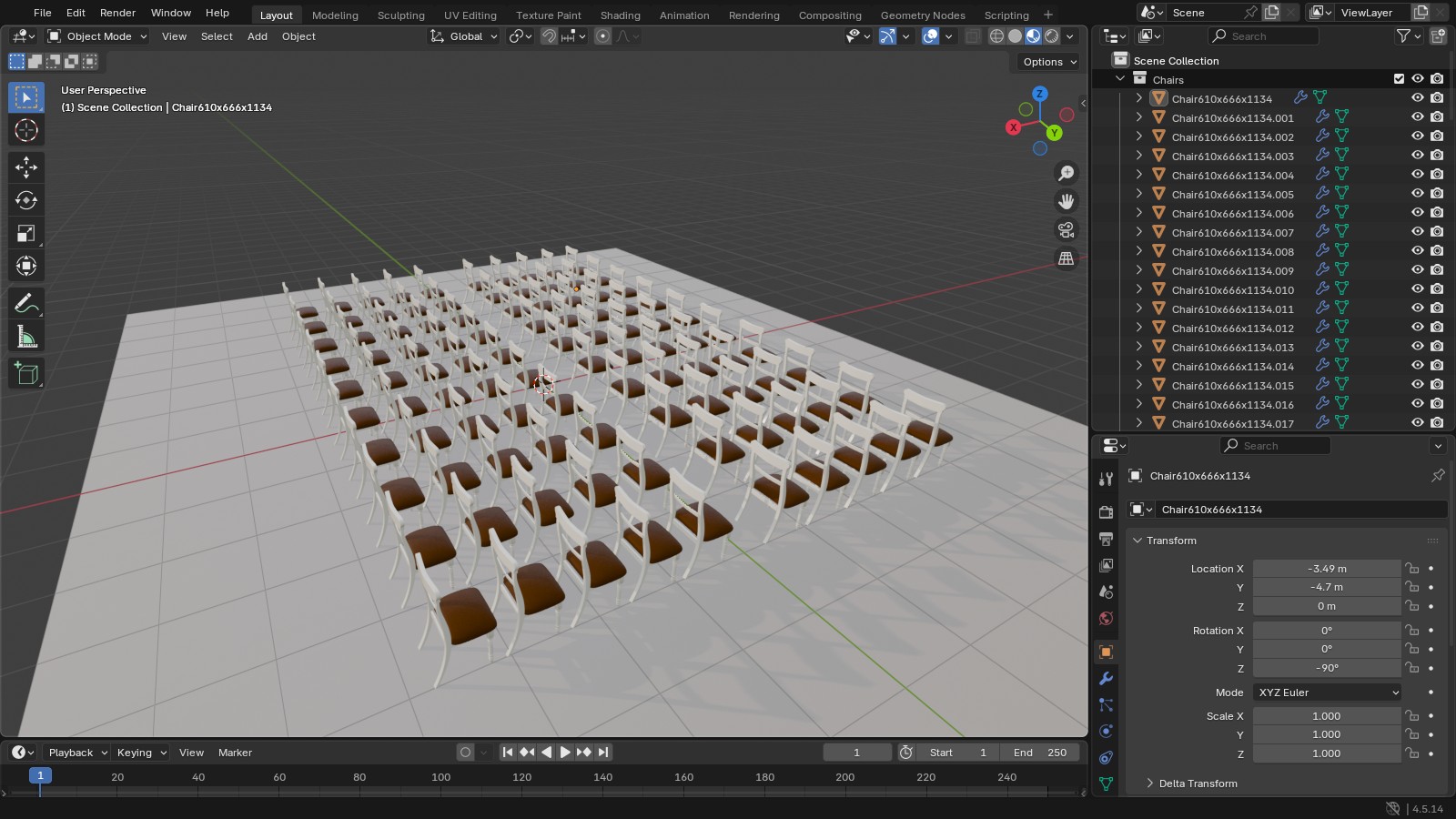 Blender 4.5 Layout workspace with a hall of 100 identical chairs in Material Preview, and the Outliner listing names like Chair610x666x1134.001