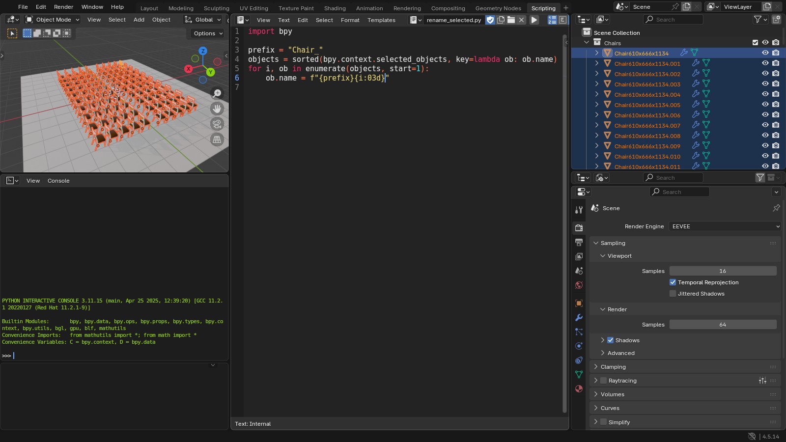 Blender 4.5 Scripting workspace with the five-line rename script in the Text Editor and all 100 chairs selected in the viewport