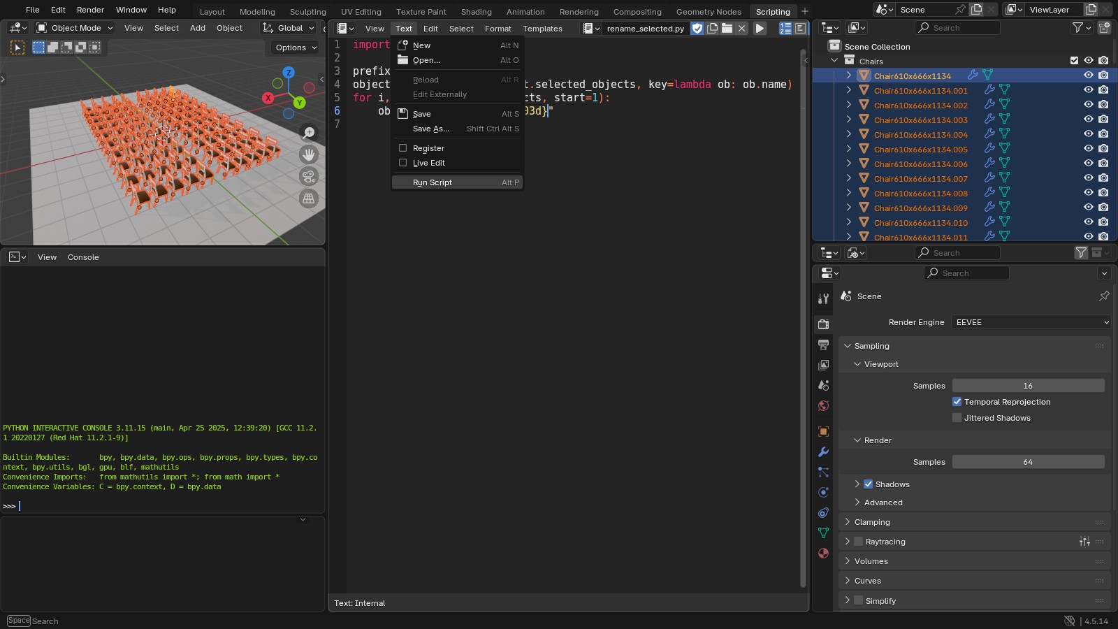 The Text menu open in the Blender Text Editor, showing Run Script with the Alt P shortcut