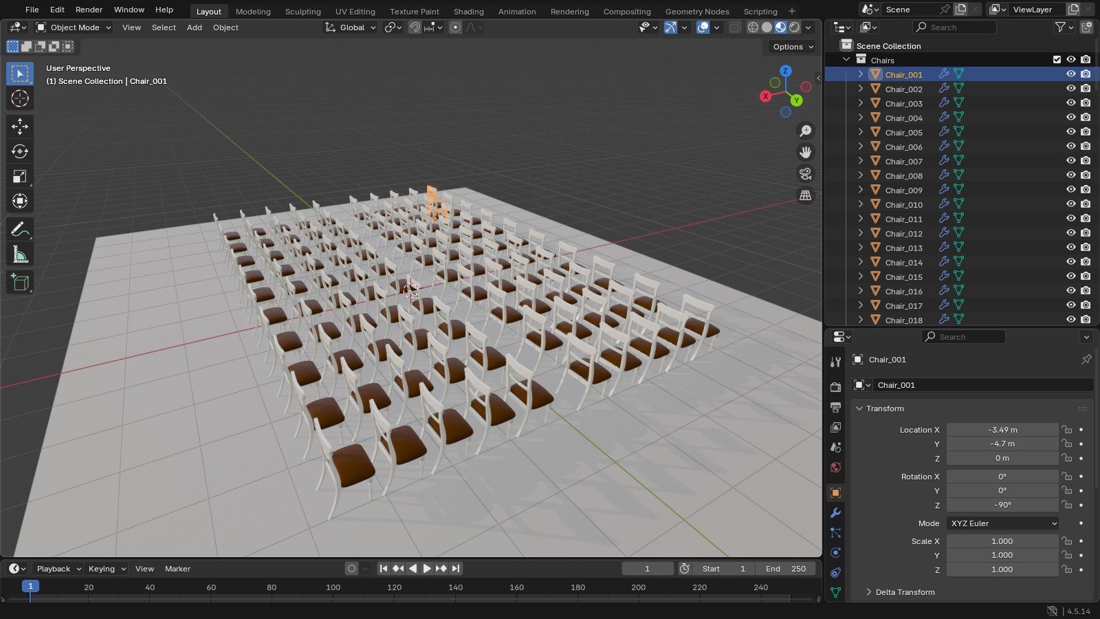 Blender Layout workspace with Chair_001 selected in the hall of chairs and the Outliner showing the new sequential names