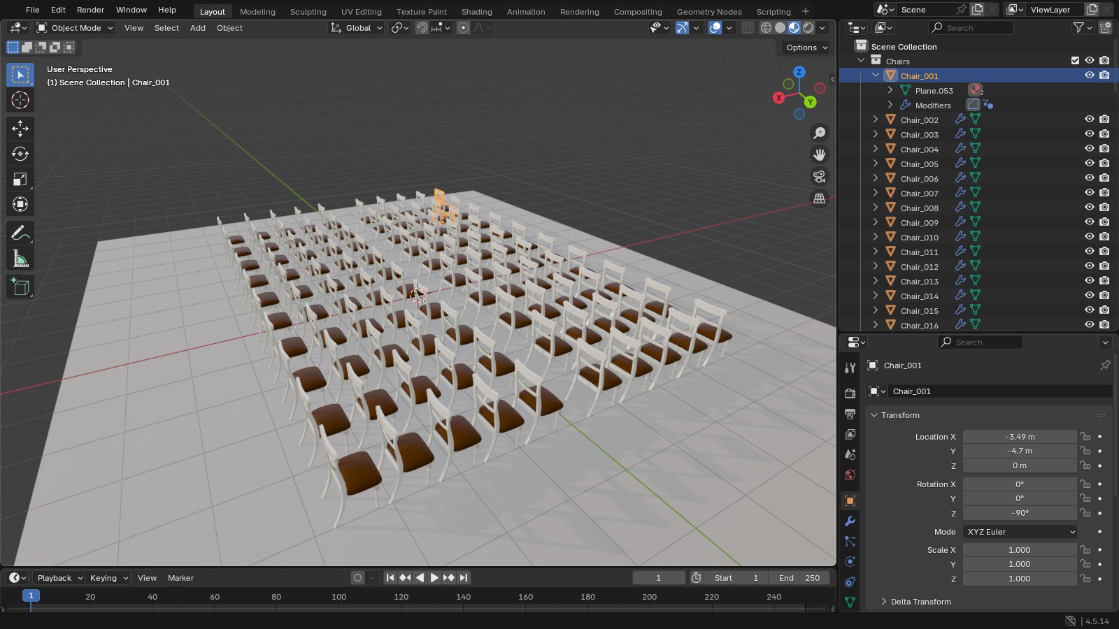 Blender Outliner with Chair_001 expanded, showing its mesh data still named Plane.053