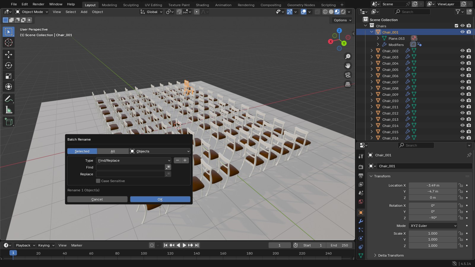 Blender Batch Rename popup opened with Ctrl+F2, showing Find/Replace options for selected objects
