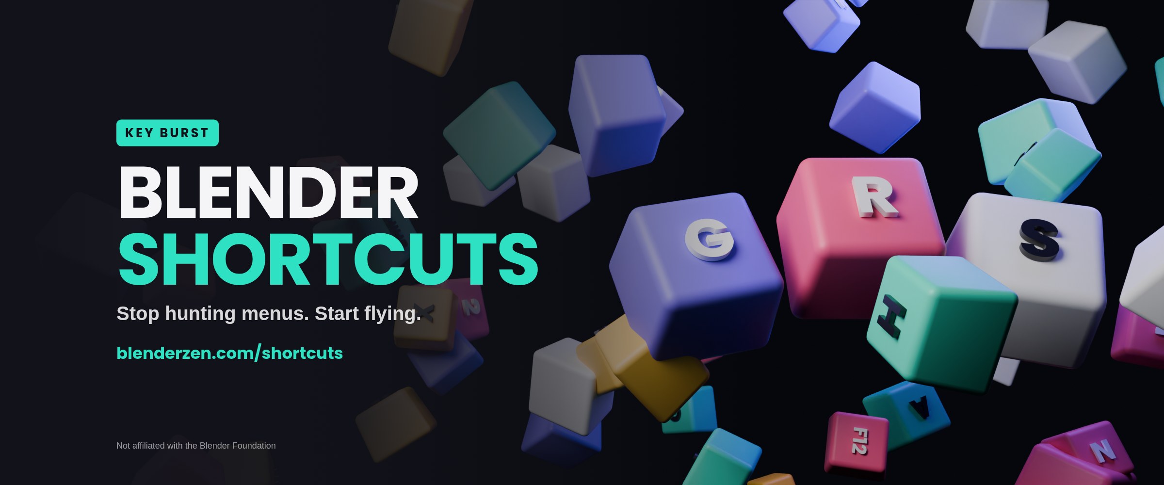 Blender shortcuts cheat sheet for Blender 5: key cubes G, R and S